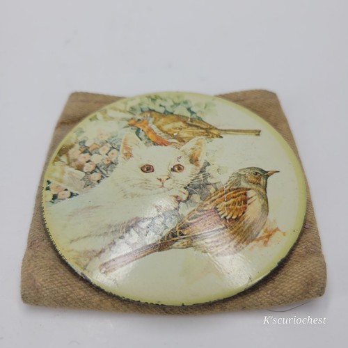 Vintage Celluloid Pocket Mirror White Kitten & Bird Motif Small Vanity Compact