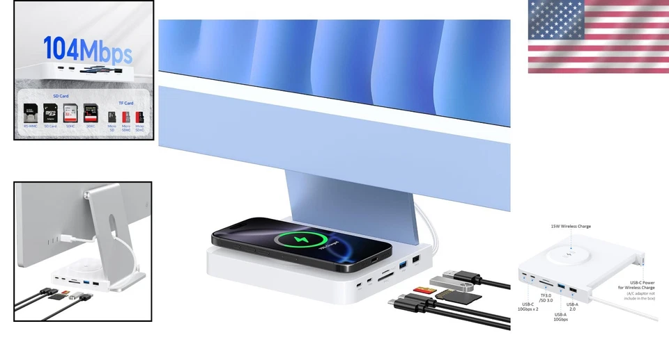 iMac Docking Station – 15W Fast Wireless Charger & USB Hub for iMac 2021/2024 - Image 2 of 4
