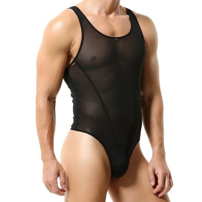 Herren transparenter Netz Body durchsichtig eng dehnbar Training sportlich Einteiler