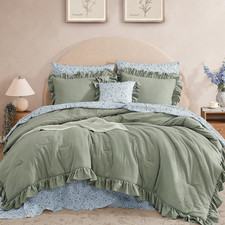 Queen Comforter Set-7 Pieces Ruffle Bedding with Floral Sheet Sage Green Bed i