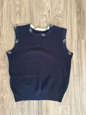 Vintage Christian Dior Paris CD Monogram Wool Knit Sweater Vest Navy Blue Logo
