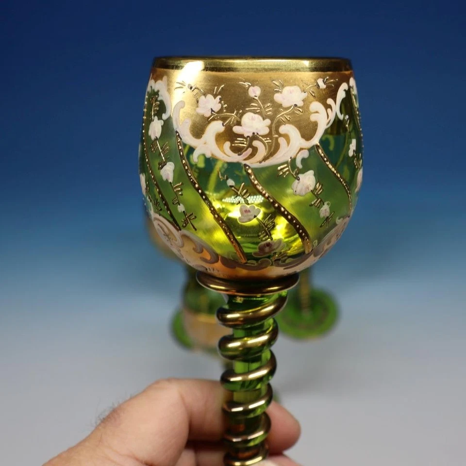 Bohemian Moser - эмалированные цветы - 4 бокала зеленого вина кубки со скрученными стержнями - Изображение 3 из 4