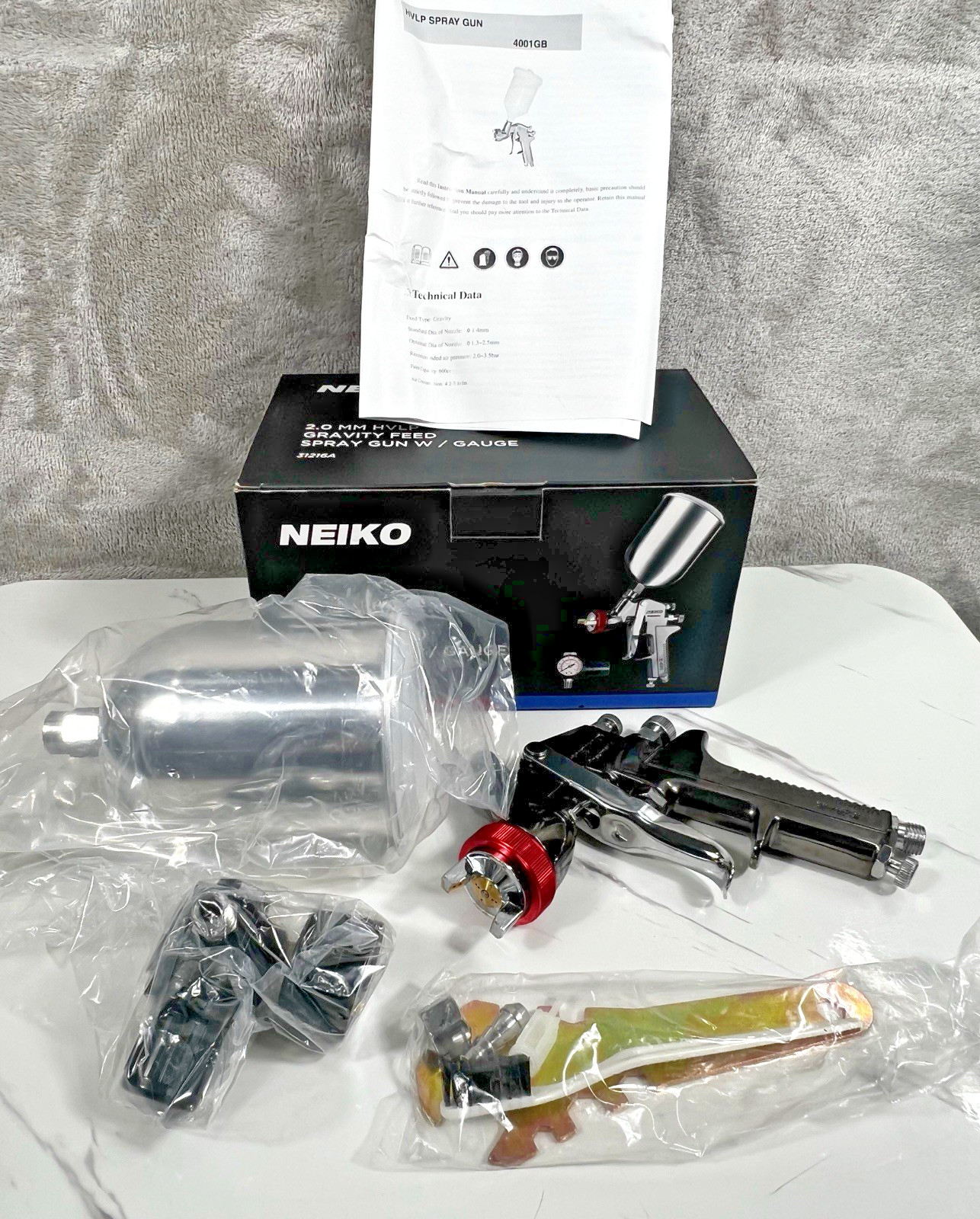 NEW Neiko 31216A Air Spray Paint Gun HVLP Gravity Feed 2.0 M
