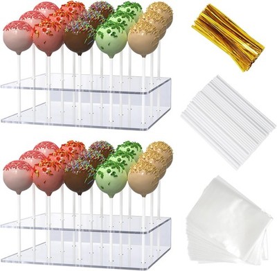 2 Pack Cake Pop Stand with Sticks Kit,Acrylic Lollipop Hold Stand,Clear Cake Pop