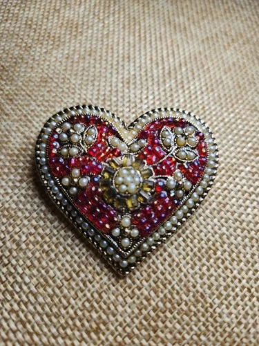 Vintage Beaded Costume Jewelry Heart Brooch Signed Liz Claiborne