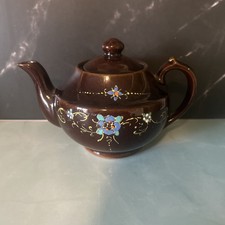 vintage japanese teapot, brown w/ blue flower