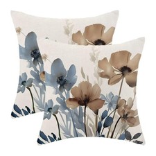 Blue Brown Floral Pillow Covers 20 x 20 Inch Set of 2, Spring Watercolor Flow...