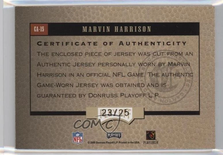 2005 Playoff Absolute Memorabilia Materials Prime /25 Marvin Harrison #CA-15 HOF - Image 2 of 2