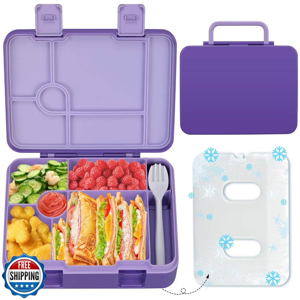 Leak-Proof 5-Compartment Kids Bento Lunch Box with Ice Pack