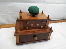 Antique Two Tier Wooden Sewing Thread Holder Box Pin Cushion Shaker Type 