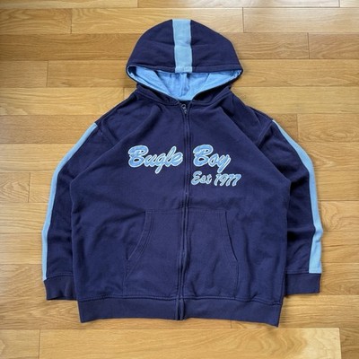 Vintage 90s Men's Bugle Boy XL Blue ''Est 1977'' Zip-Up Hoodie Sweatshirt