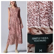 Simply Vera Wang Midi Dress M Button Down Abstract Ruffle Sleeve Pink NWT 
