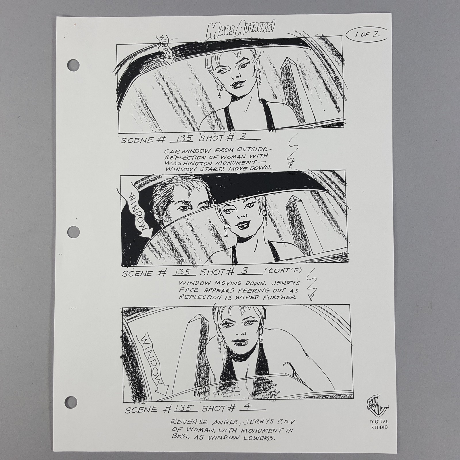Mars Attacks! Storyboard Martian Girl Lures Jerry at Limo Production Used COA