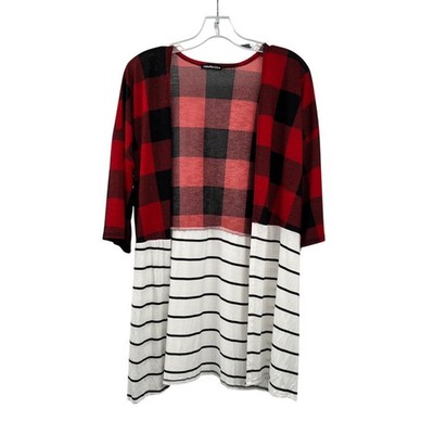Heimish USA Womens Open Front Top Plaid Striped Short Sleeve Size Small