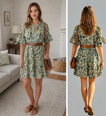M&S KLEID GRÖSSE 12 OLIVGRÜN UND GELB BEDRUCKT KURZ GERAFFT TAILLE GERÜSCHTER SAUM #4