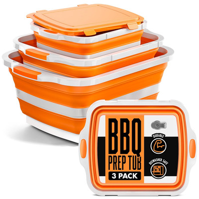 Collapsible BBQ Prep Tubs, 3 Pack, Orange, Locking Lids | BBQ Marinating Tubs, C