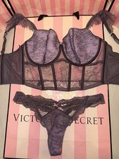 Victorias Secret Bra Corset Top W/Thong Medium Gray Purple