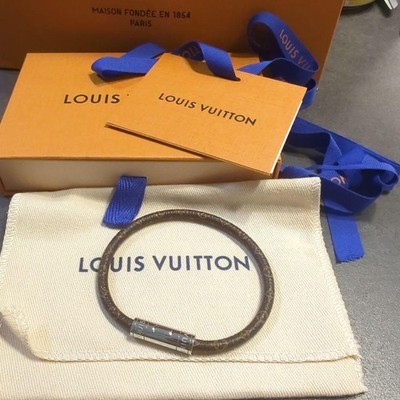 Louis Vuitton Bracelet  Men Authentic Monogram Canvas Brown Silver-tone LUXURY