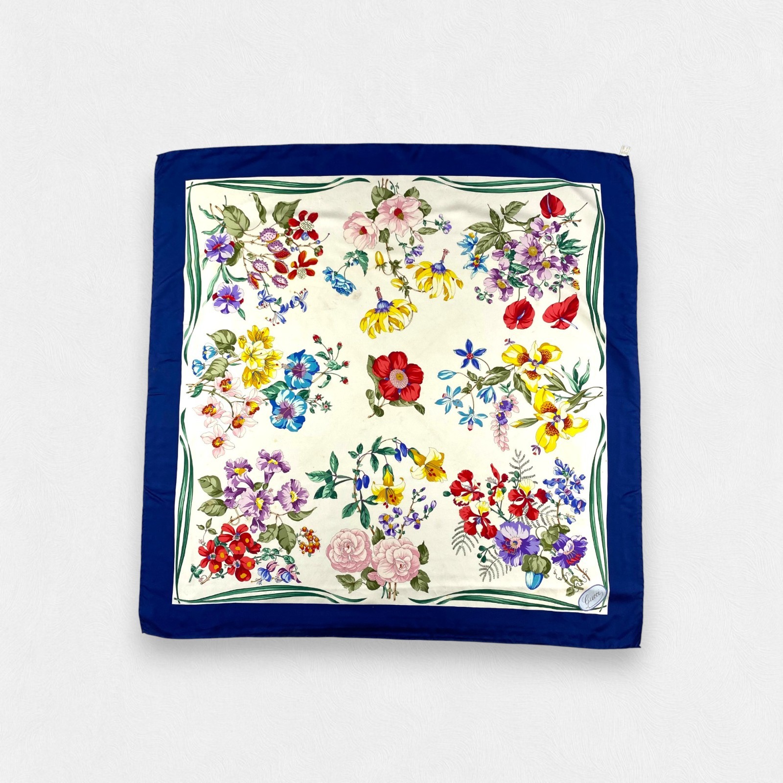 Gucci Vintage Silk Scarf Flora Botanical Flower Print Blue Border Wrap 34x34