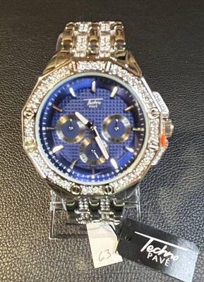 Techno Pave Wristwatch Model 8924 Gem Inlay Stainless Steel 21mm Band