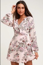Lulu's Pink Floral Print Wrap Dress Cottage Core Preppy Date Sexy Croquette Sz L
