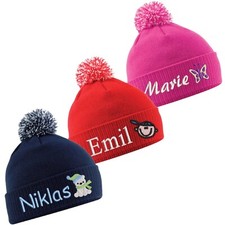 Kinder-Snow-Bommel-Strickm&uuml;tze (bis 8 J.) mit Motiv / Namen bestickt *NEU*