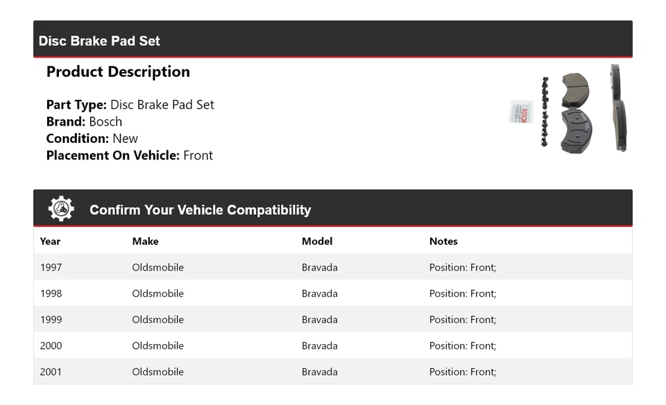 For 1997-2001 Oldsmobile Bravada Bosch QuietCast Ceramic Brake Pads Front 1998 - Image 2 of 4