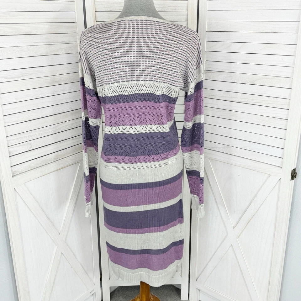 Vestido Moda Internacional Vintage Linho Malha Listrado Suéter Roxo Cinza Médio - Imagem 4 de 4