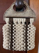 VTG Woven Macrame Tan Brown Top Handle Purse Handbag Handmade 70s Boho