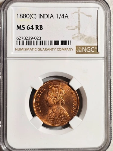 India 1/4 Anna 1880C NGC MS 64 RB