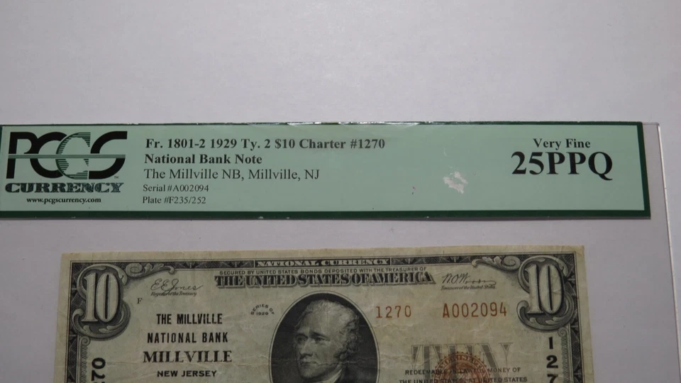 $10 1929 Millville New Jersey NJ National Currency Bank Note Bill #1270 VF! PCGS - Image 2 of 4