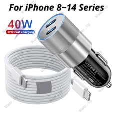 Type C Cord Dual USB C 40W Fast Car Charger Adapter For iPhone 14 13 12 11 XR 8