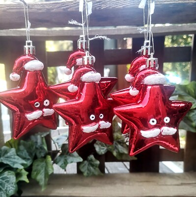 5 x Lustige Sterne Deko Anhänger Weihnachtsmann Stern XMAS Rot Christbaumkugel 