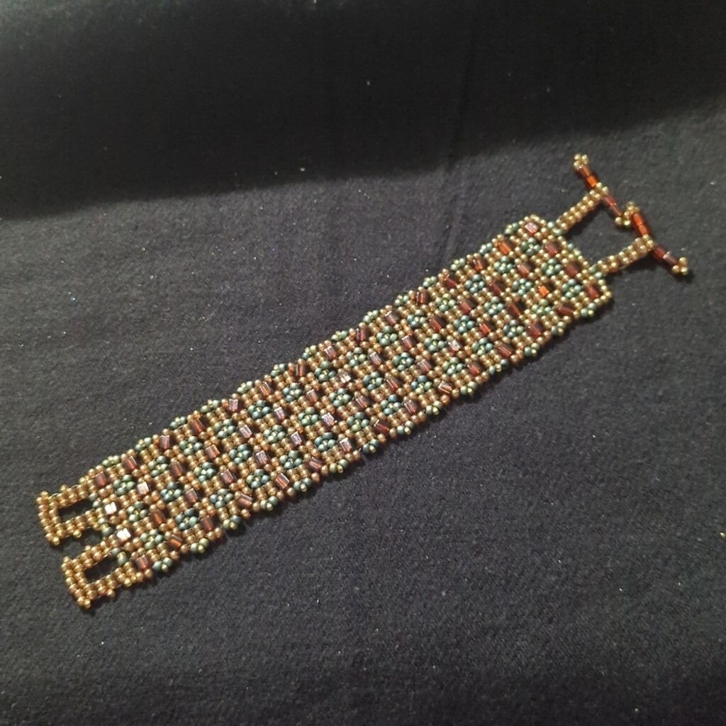 Green and Brown Beaded Geometric Statement Bracel… - image 1