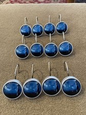 Set 12 LIGHTHOUSE SHOWER CURTAIN HOOKS Blue Silver Toned CT 