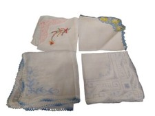 4 Vintage Handkerchief Floral Lot Embroidered Flowers Butterfly Cotton Read