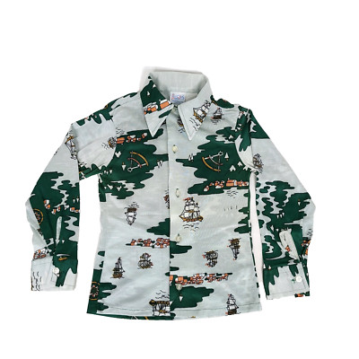 Vintage 70s Dixie Lad Girls Button Front Shirt 6 Green Boat Nautical Retro READ