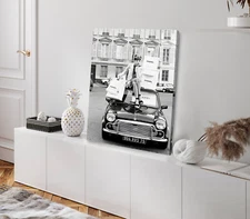 Fashion Girl on Vintage Car Stretched Canvas 40x50cm Print