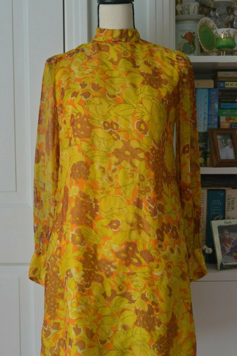 Original Vintage Lord Taylor Dress 1960s Yellow Floral Silk Chiffon Size 8