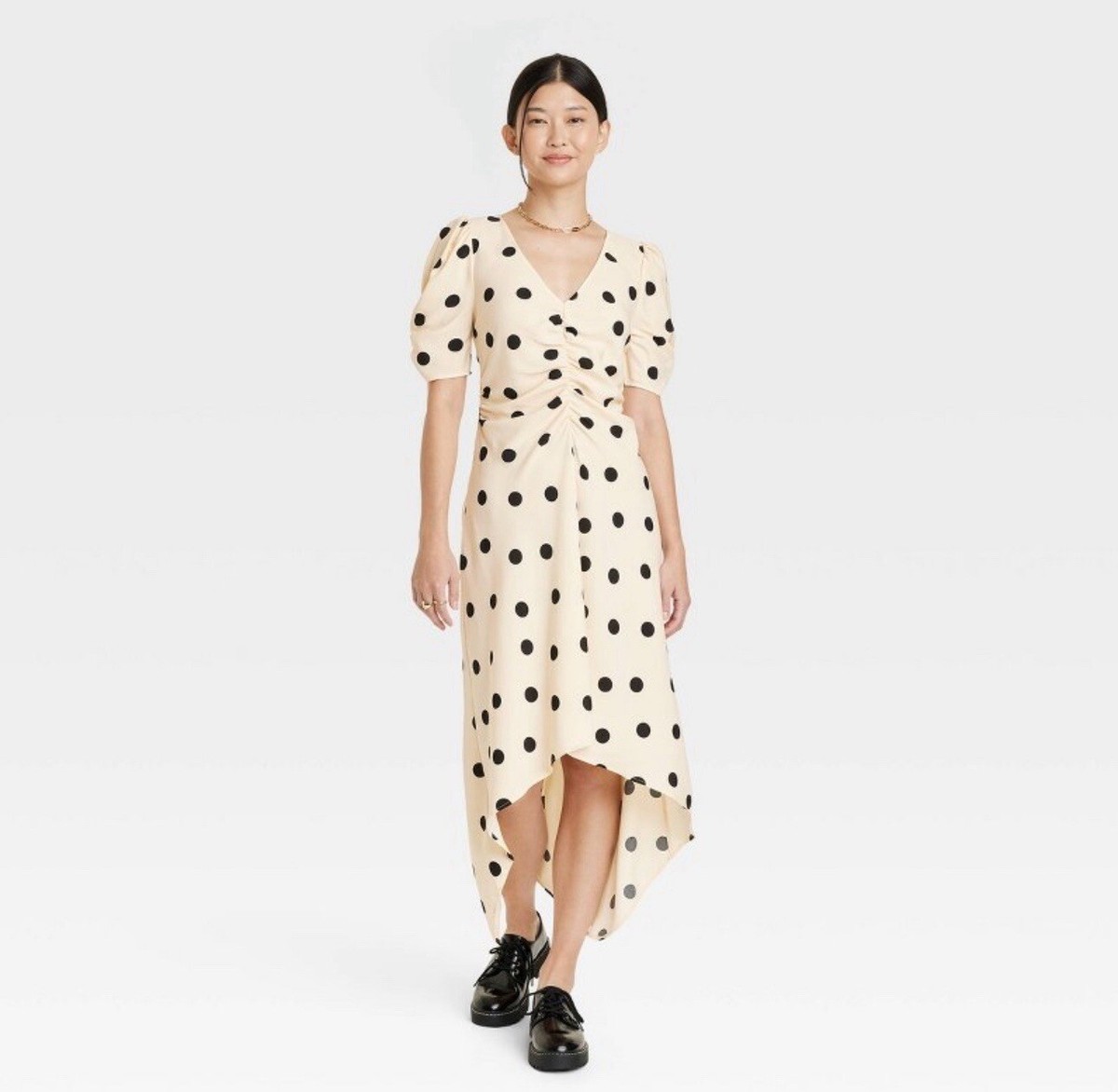 beige polka dot midi dress A New Day Dresses | Nwt New Day Short Sleeve Crepe Beige/ Black | Color: Black/Cream | Size: M fit dress showcases a budget friendly Black and white bride Select Coat Size:EU50/US40