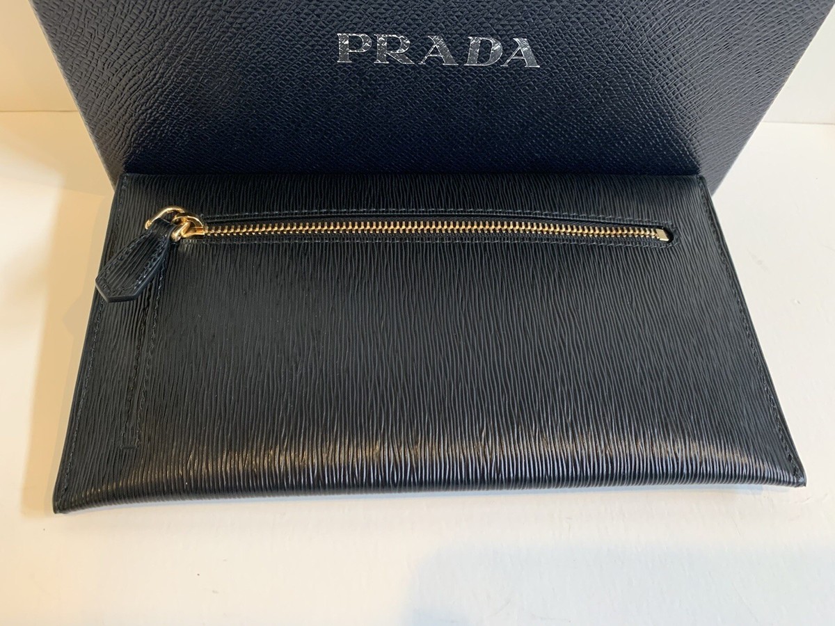 NIB-PRADA Leather Logo Envelope Wallet Clutch-Auth Card, Vitello 