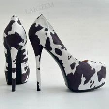 Cow Print Women Platform Pumps Faux Suede Round Toe Thin High Heels Sandals Shoe