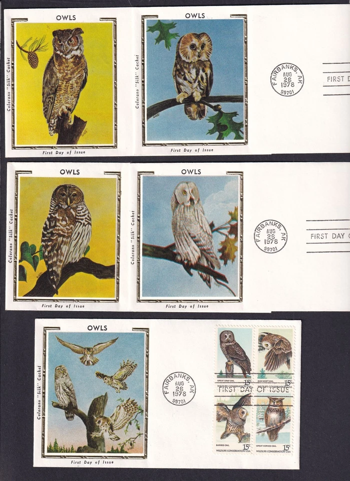 1978 Owls 4 different Sc 1760-1763 1763a with Colorano silk cachets set of 5 UA - Image 2 of 2