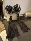 VTG Black Beaded CLIP-ON EARRINGS W/ BLACK TASSEL -Costume Jewelry