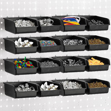 16 Pack Pegboard Bins with Metal Hooks, Black Garage Workbench Bins Cups Peg Boa