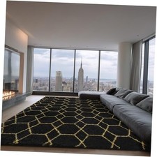 Large Rugs for Living Room, 8x10 Black Fluffy Bedroom Area Rug, Shag Geometric