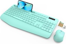 Wireless Keyboard And Mouse Combo Wrist Rest Phone Holder 2.4G Mint Green PC