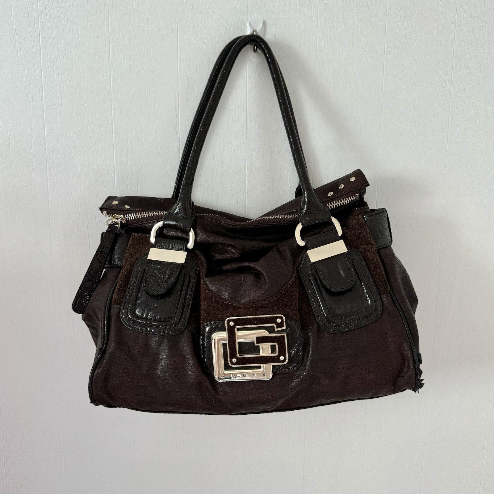 Guess Slouchy Brown Medium Handbag Purse Big Gold… - image 1