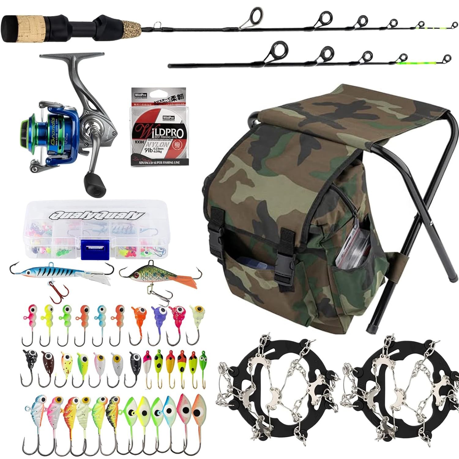 QualyQualy Ice Fishing Rod Reel Combo Complete Set Ice Fishing Gear with Backpac