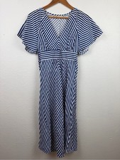 Blue and White Striped V-Neck Midi Dress Size M
